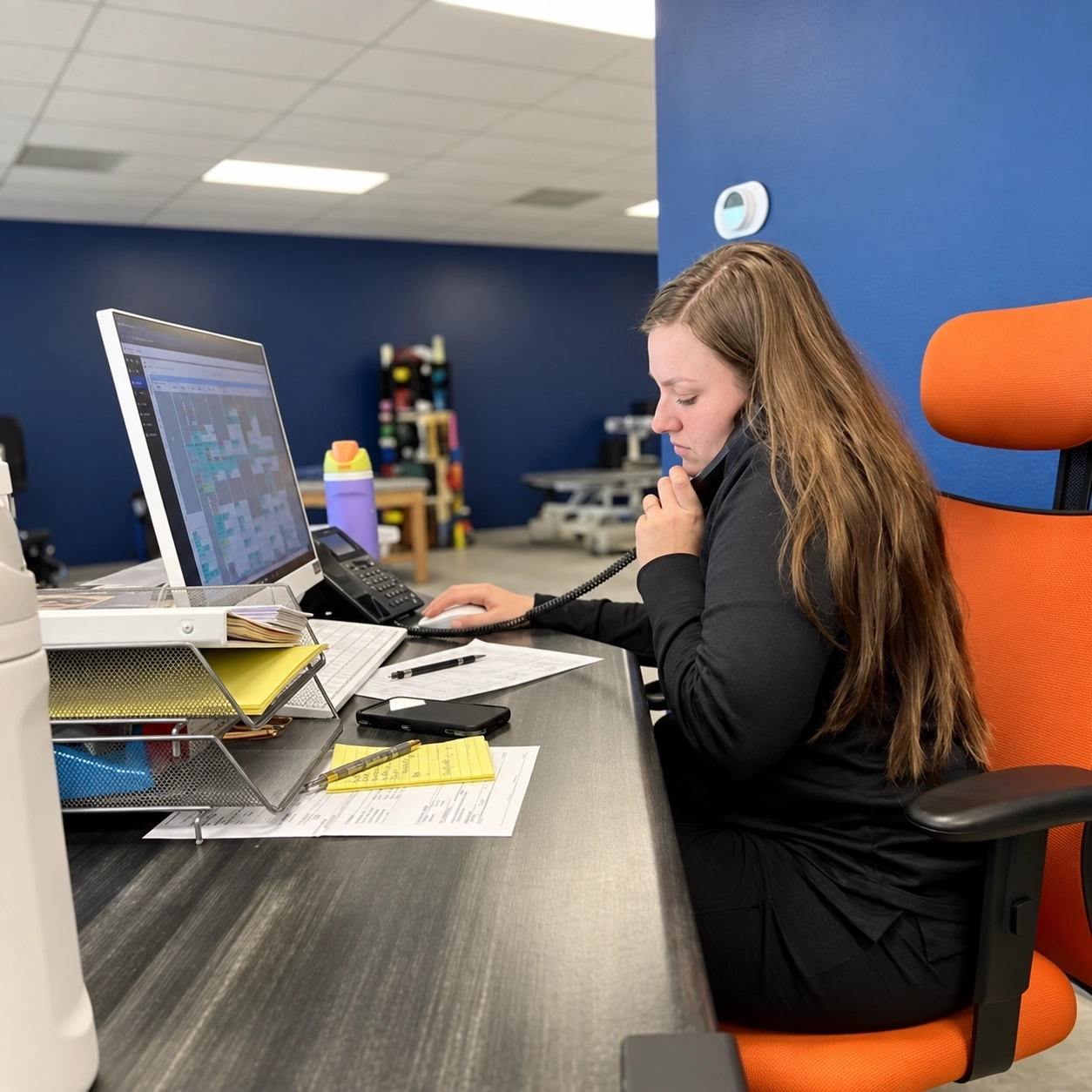 Comprehensive Physical Therapy staff member working at the clinic reception desk