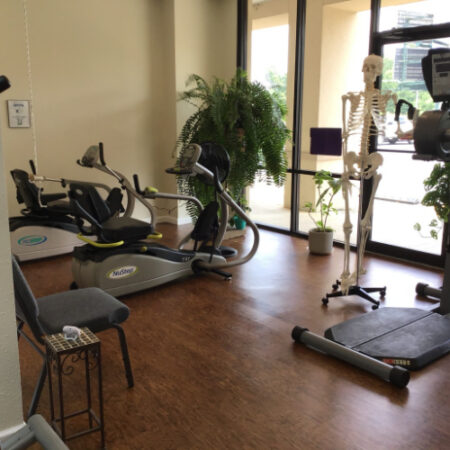 Recumbent stepper machines beside a bright window with plants and a model skeleton in the clinic
